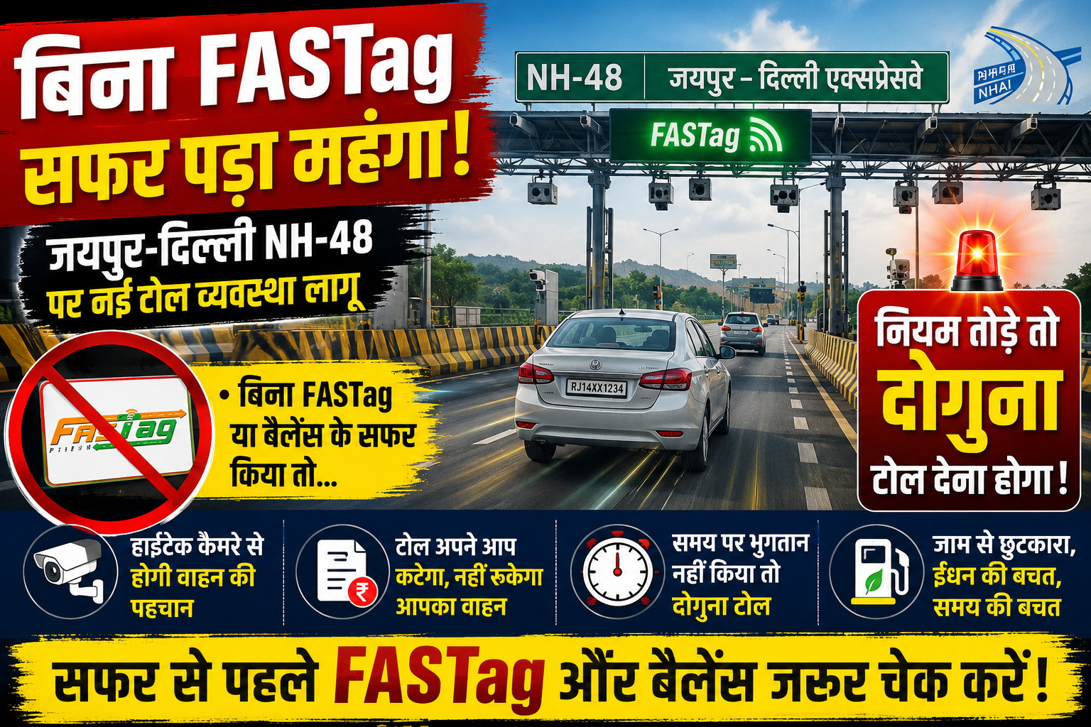अब बिना FASTag कटेगा दोगुना टोल, NHAI की नई व्यवस्था लागू। 