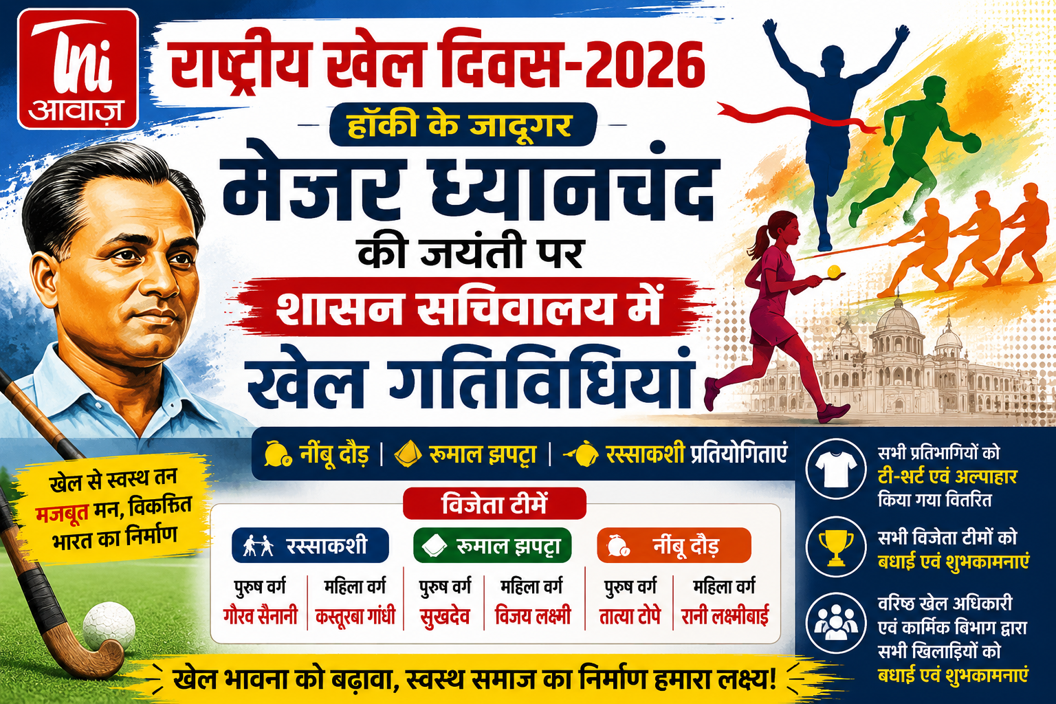 राष्ट्रीय खेल दिवस 2026: मेजर ध्यानचंद की जयंती पर सचिवालय में खेल गतिविधियों का आयोजन