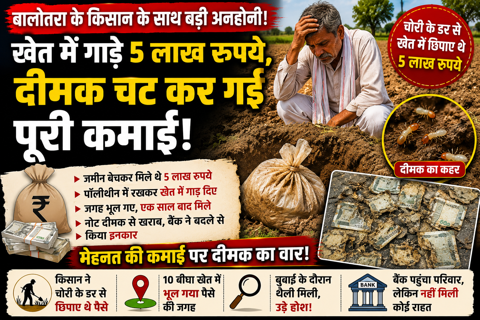 खेत में गाड़े 5 लाख रुपये, सालभर बाद निकाले तो दीमक चट कर चुकी थी पूरी कमाई 