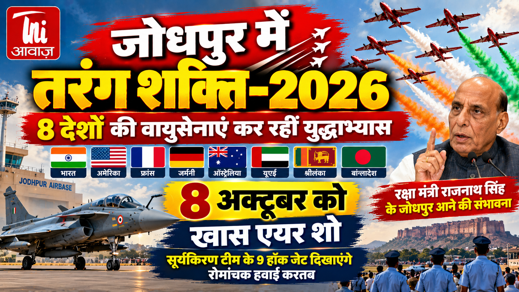 जोधपुर में तरंग शक्ति-2026 का महासंग्राम, 8 देशों की वायुसेनाएं कर रहीं युद्धाभ्यास; 8 अक्टूबर को होगा खास एयर शो
