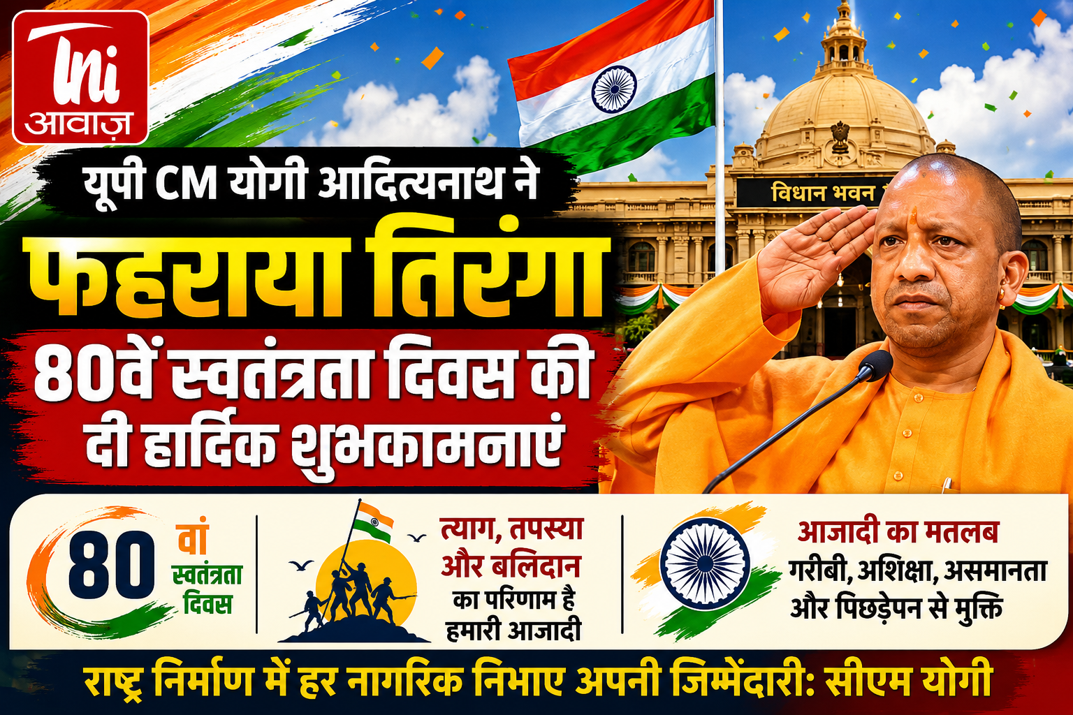 यूपी के ​​​​​​​ CM योगी आदित्यनाथ ने फहराया तिरंगा, 80वें स्वतंत्रता दिवस पर बोले—आजादी त्याग और बलिदान का परिणाम