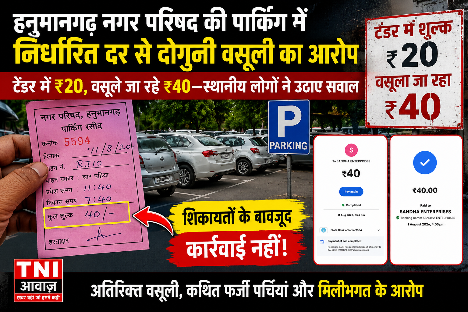 हनुमानगढ़ नगर परिषद की पार्किंग में निर्धारित दर से दोगुनी वसूली का आरोप, टेंडर में ₹20,वसूले जा रहे ₹40—स्थानीय लोगों ने उठाए सवाल, शिकायतों के बावजूद कार्रवाई नहीं होने का आरोप