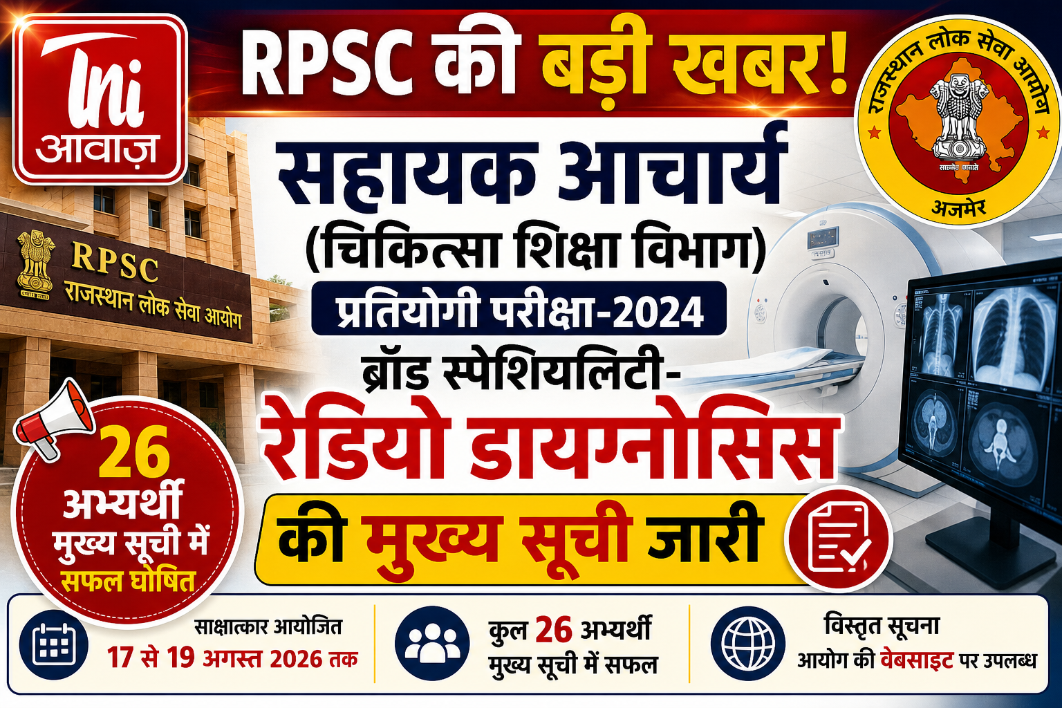 RPSC: सहायक आचार्य रेडियो डायग्नोसिस की मुख्य सूची जारी, 26 अभ्यर्थी सफल 