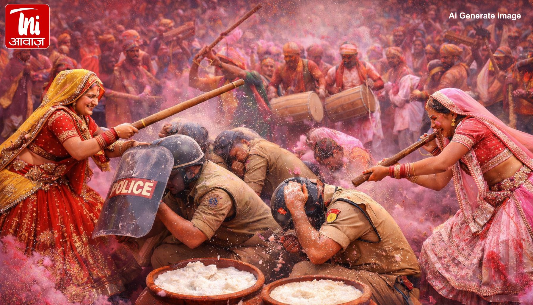 बरसाना में गूंजे लट्ठ और जयकारे! सखियों ने पुलिसवालों पर बरसाए डंडे, 20 लाख श्रद्धालुओं के बीच शुरू हुई वर्ल्ड फेमस लट्ठमार होली