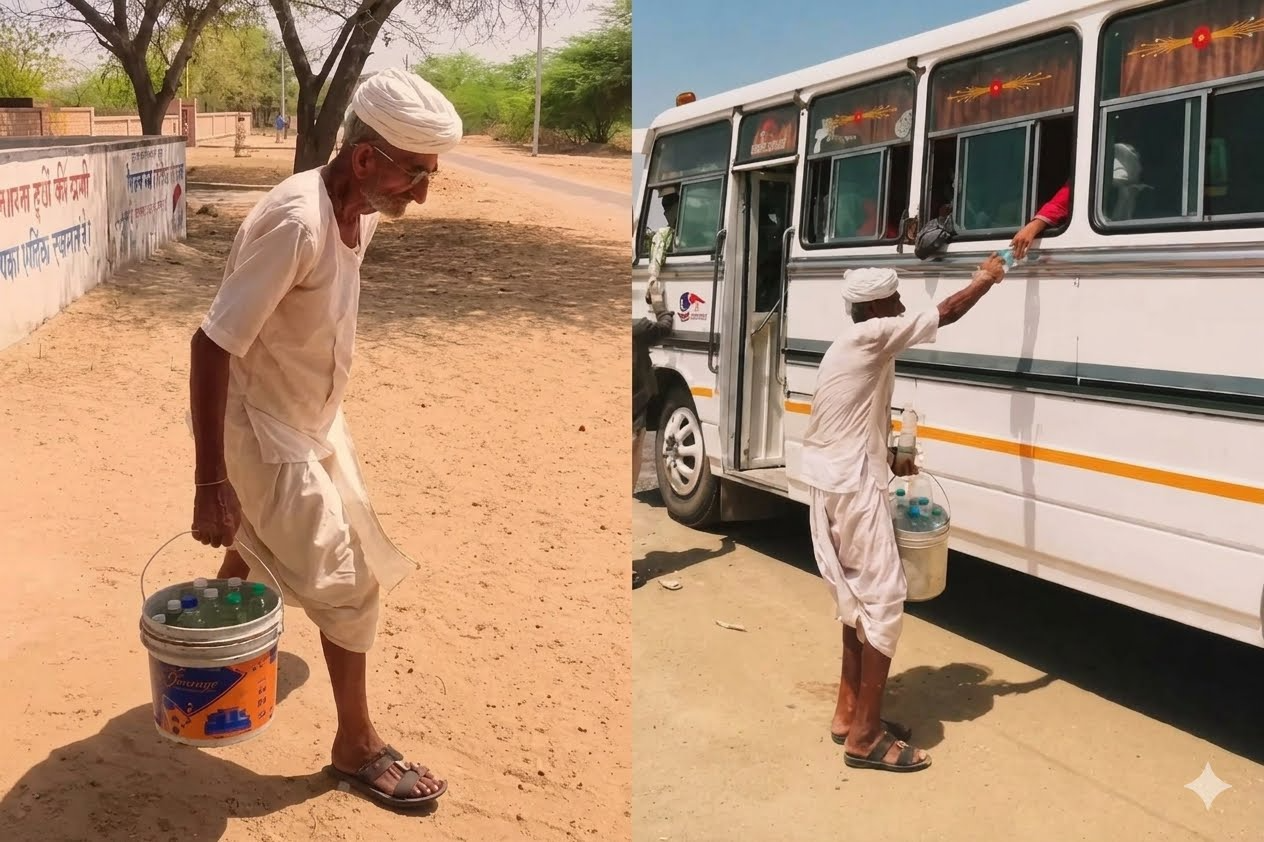 बाड़मेर के 77 वर्षीय बुजुर्ग की अनोखी सेवा, 21 साल से राहगीरों को पिला रहे ठंडा पानी  