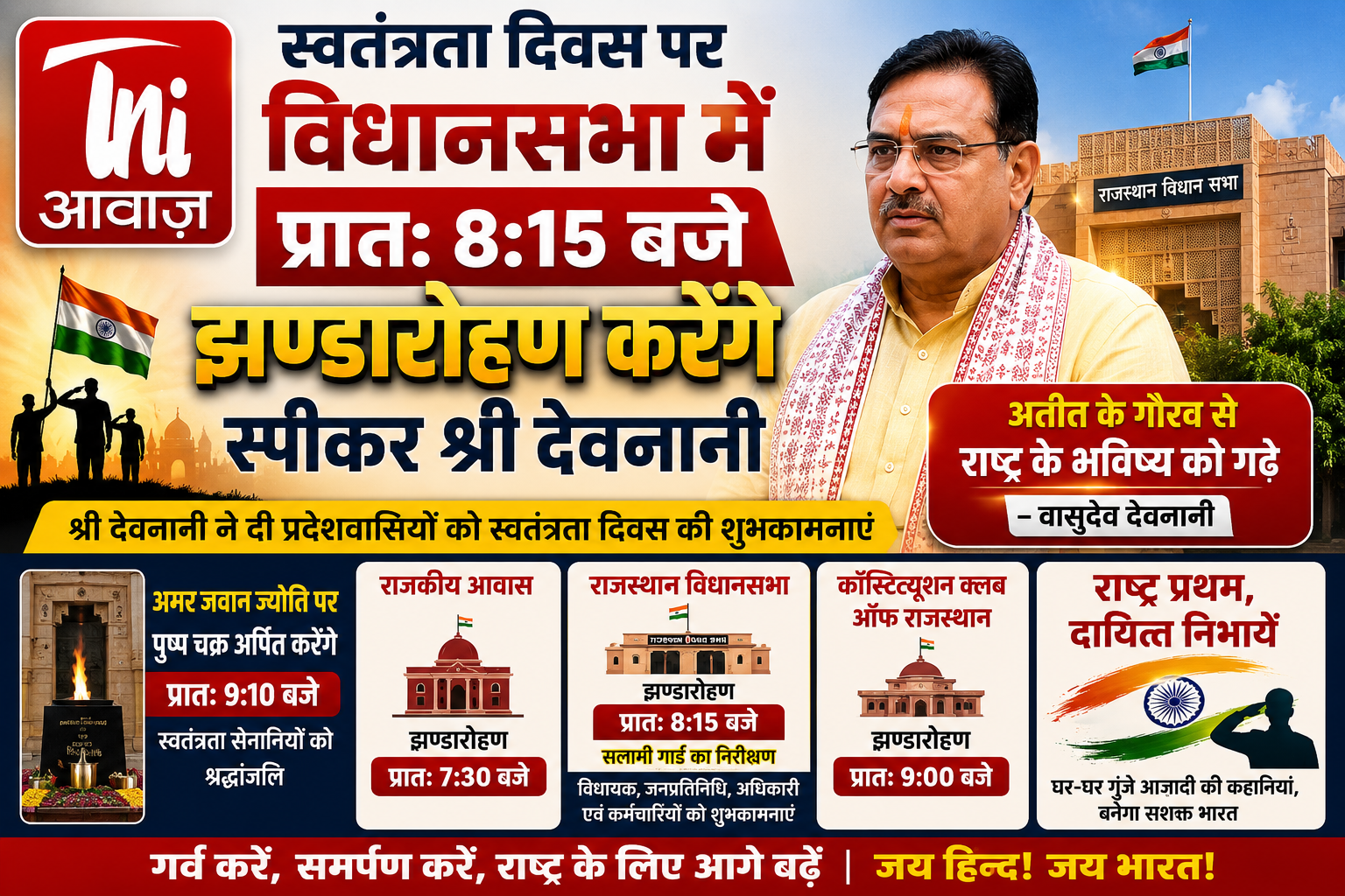 स्वतंत्रता दिवस पर विधानसभा में सुबह 8:15 बजे झंडारोहण करेंगे स्पीकर वासुदेव देवनानी