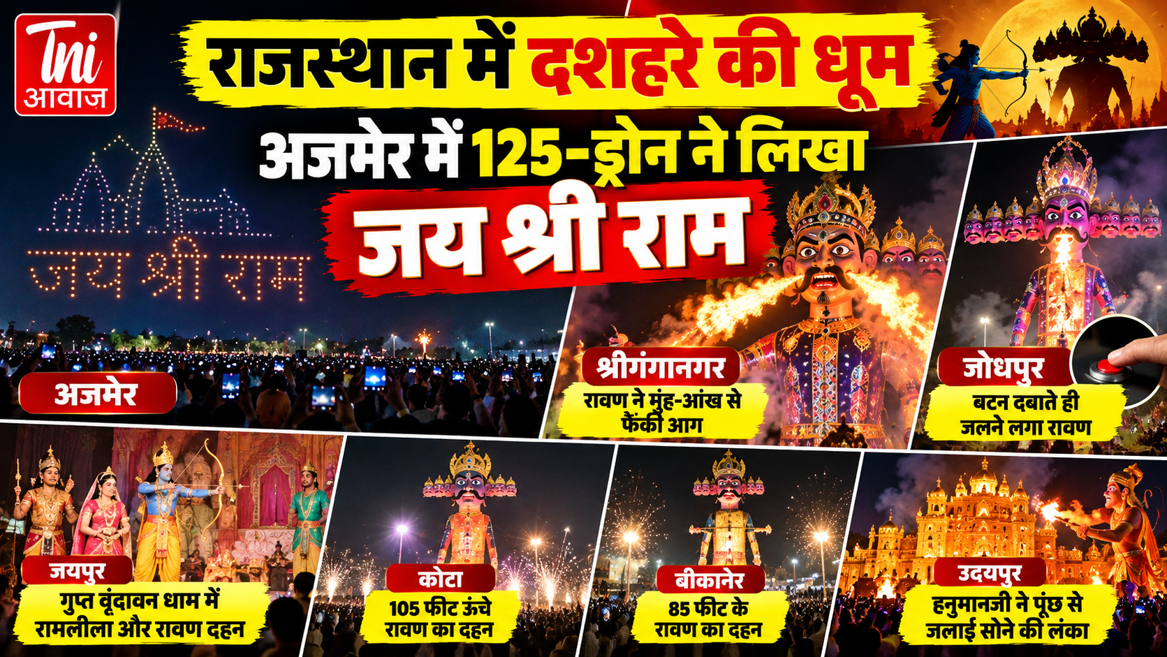 राजस्थान में दशहरे की धूम: अजमेर में 125 ड्रोन से लिखा ‘जय श्रीराम’, जयपुर में 110 फीट के रावण का दहन