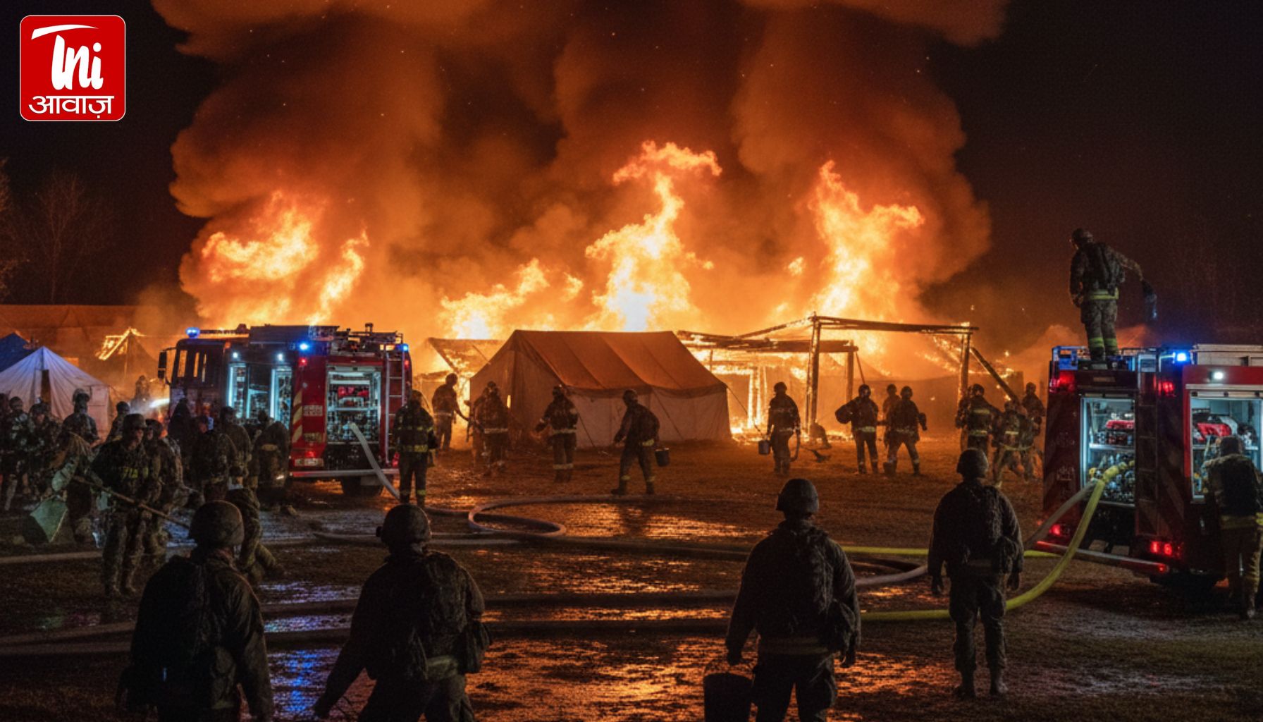सेना कैंप में आग फैलने से अफरा-तफरी, जवान और फायर सर्विस पूरी ताकत से आग बुझाने में जुटे।