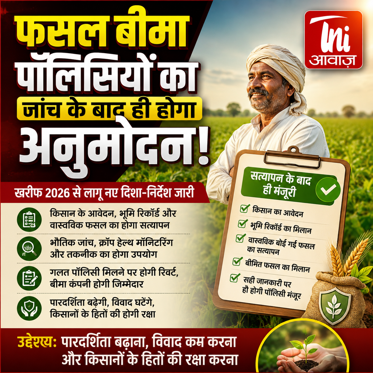 फसल बीमा पॉलिसियों का जांच के बाद ही होगा अनुमोदन, खरीफ 2026 से नए नियम लागू 