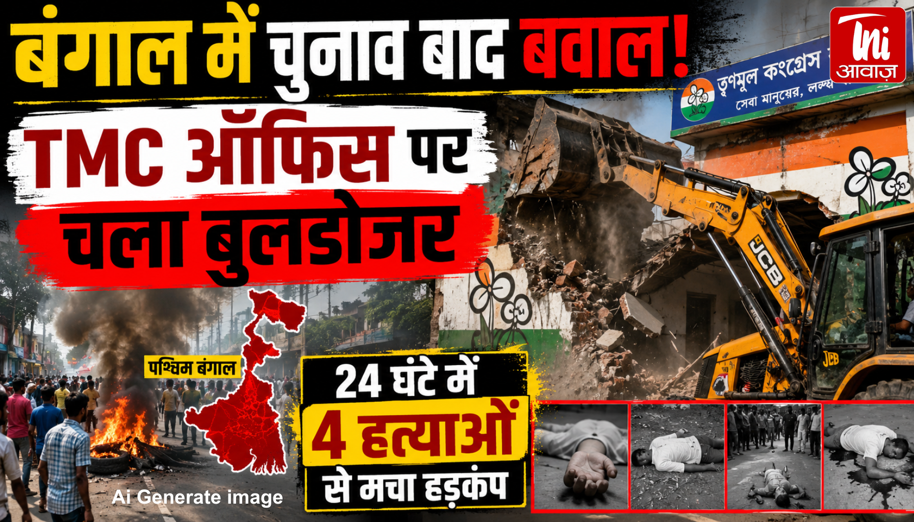 बंगाल में चुनाव बाद बवाल! TMC ऑफिस पर चला बुलडोजर, 24 घंटे में 4 हत्याओं से मचा हड़कंप